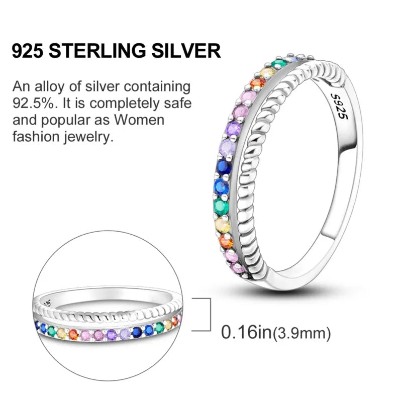 MISEFF Real 925 Sterling Silver Double Rings Simple Color Zircon Rings For Wedding Engagement Birthday Silver Jewelry Gift