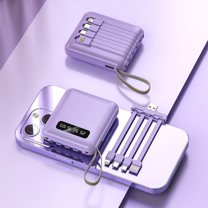 PURPLE 1 Color Mini Power Bank 20000mAh – 4 Built-In Cables & Display