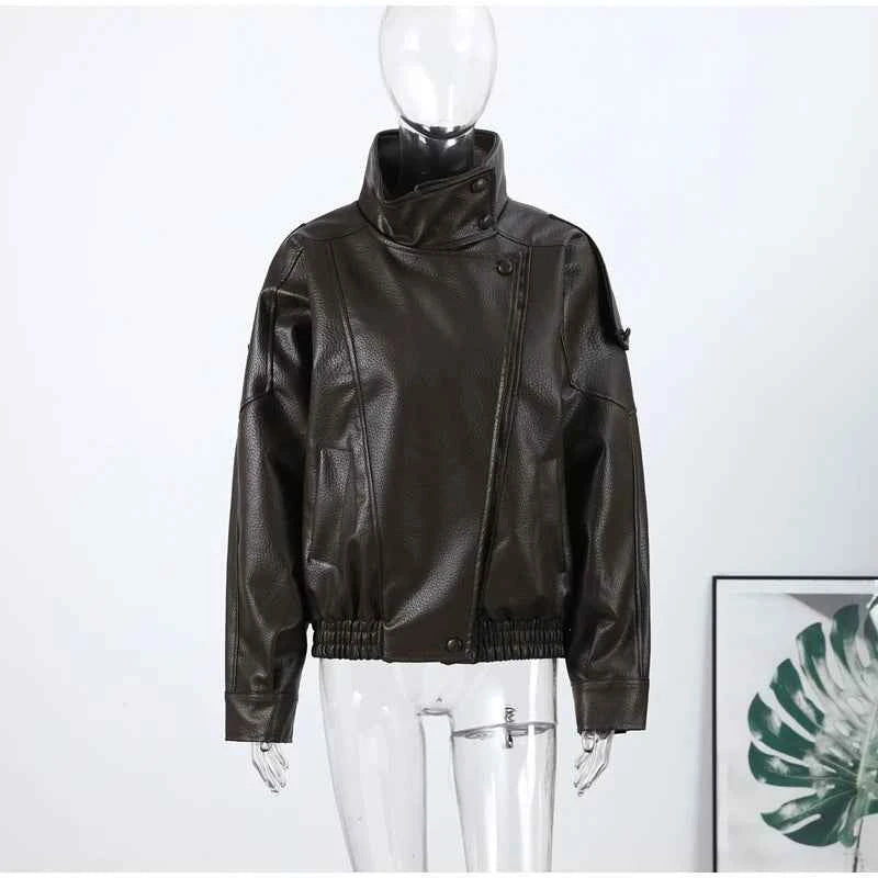 Vintage PU Leather Women's Jacket Stand Collar Zipper Button Coats Female Long Sleeve Outerwear Spring Lady Street Jackets