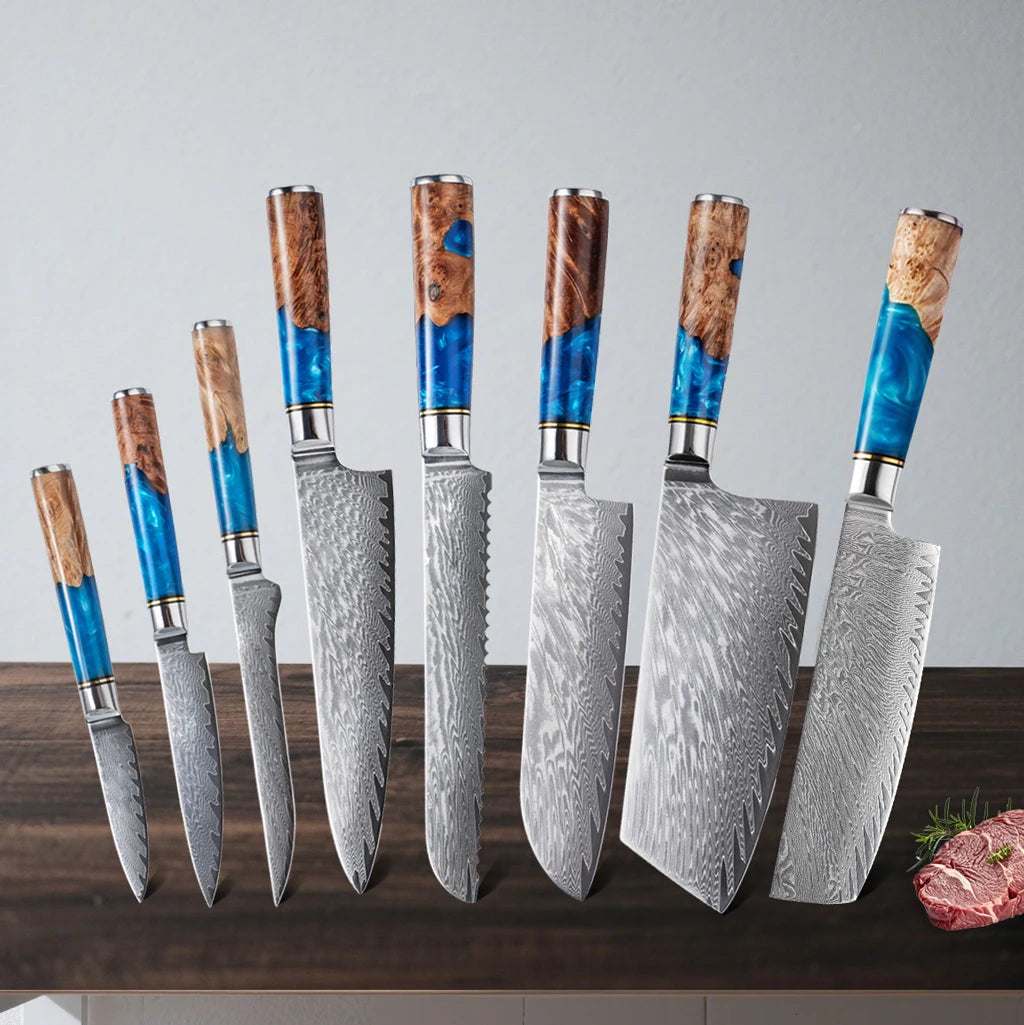 1-8pcs Professional kitchen knife set Damascus Steel Set for Meat Cutting Sushi Peeling and Boning Blue Resin Wood Handle