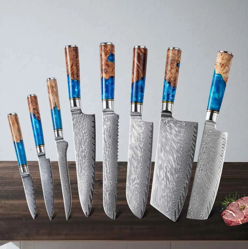 1-8pcs Professional kitchen knife set Damascus Steel Set for Meat Cutting Sushi Peeling and Boning Blue Resin Wood Handle