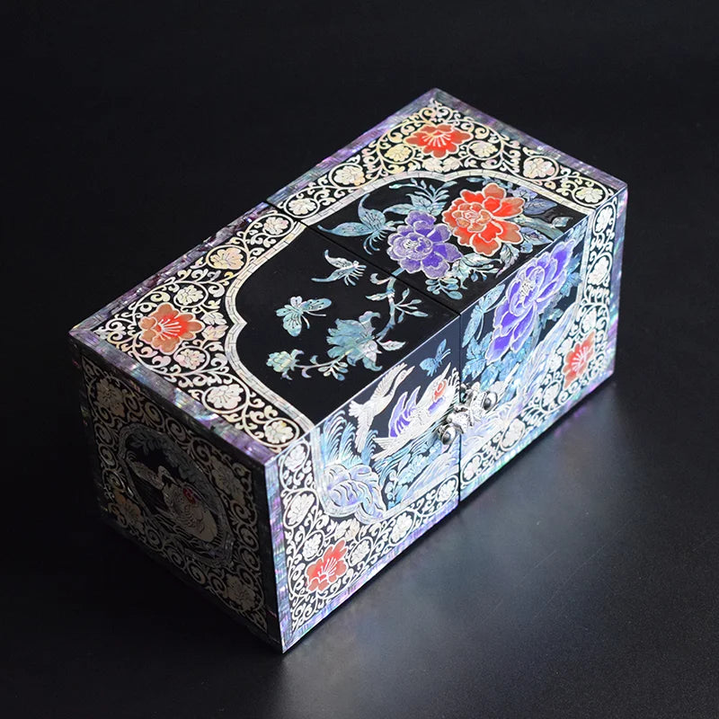 Mother of Pearl Travel Lacquer Wood Drawer Jewelry Ring Earrings Chest Box Case Sea Shell Inlaid Wooden Cube Jewelry Organizer