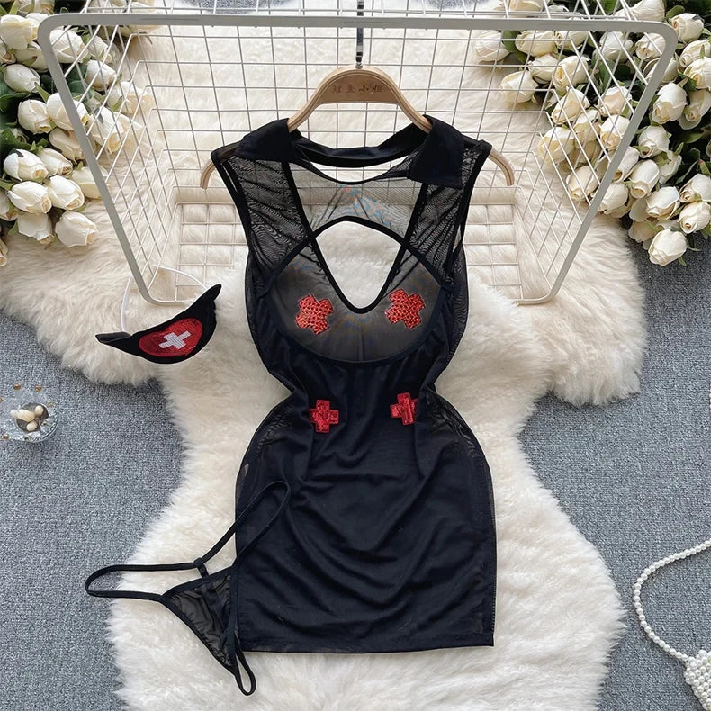 Summer Girls Sexy Hot Sweet Transparent Suspender Mini Dress Women Elastic Waist And Backless Strap Lolita Pajamas Bubble Skirt