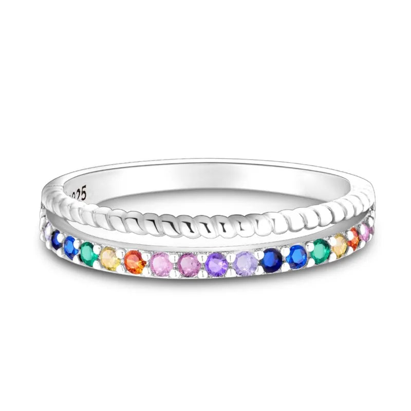 MISEFF Real 925 Sterling Silver Double Rings Simple Color Zircon Rings For Wedding Engagement Birthday Silver Jewelry Gift