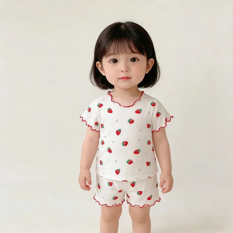 Baby Girl Strawberry Pajamas Set Summer Short Sleeve Thin Two Piece Toddler Kids Sleepwear Infant Home Wear Clothes