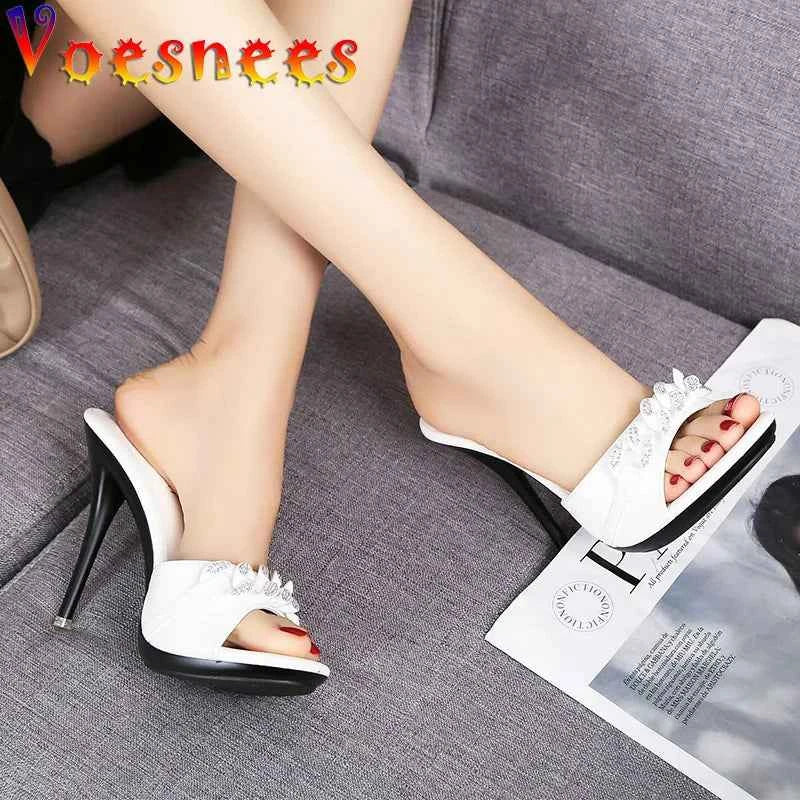 2022 New Diamond Chain Women Pumps Slippers Thin High Heels Party Shoes Fashion Solid Color Summer Dress Sandals Shallow Mouth