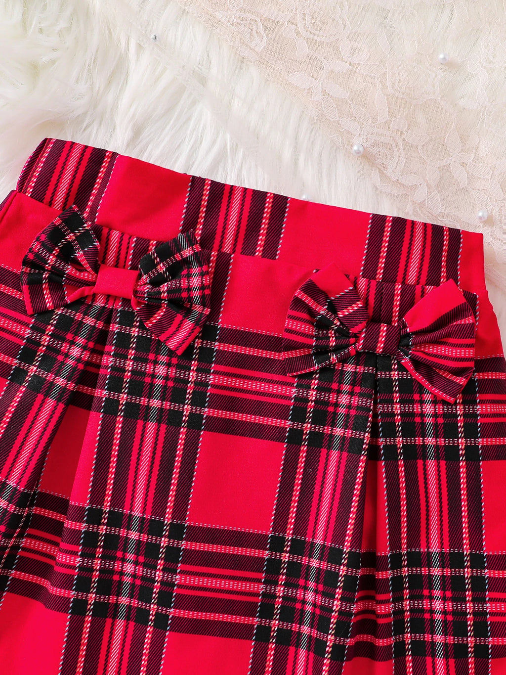Children's Spring and Autumn New Girl Fashion Cute Three Piece Set Knitted Red Tank Top+Lace Collar Lining+Checkered Half Skirt