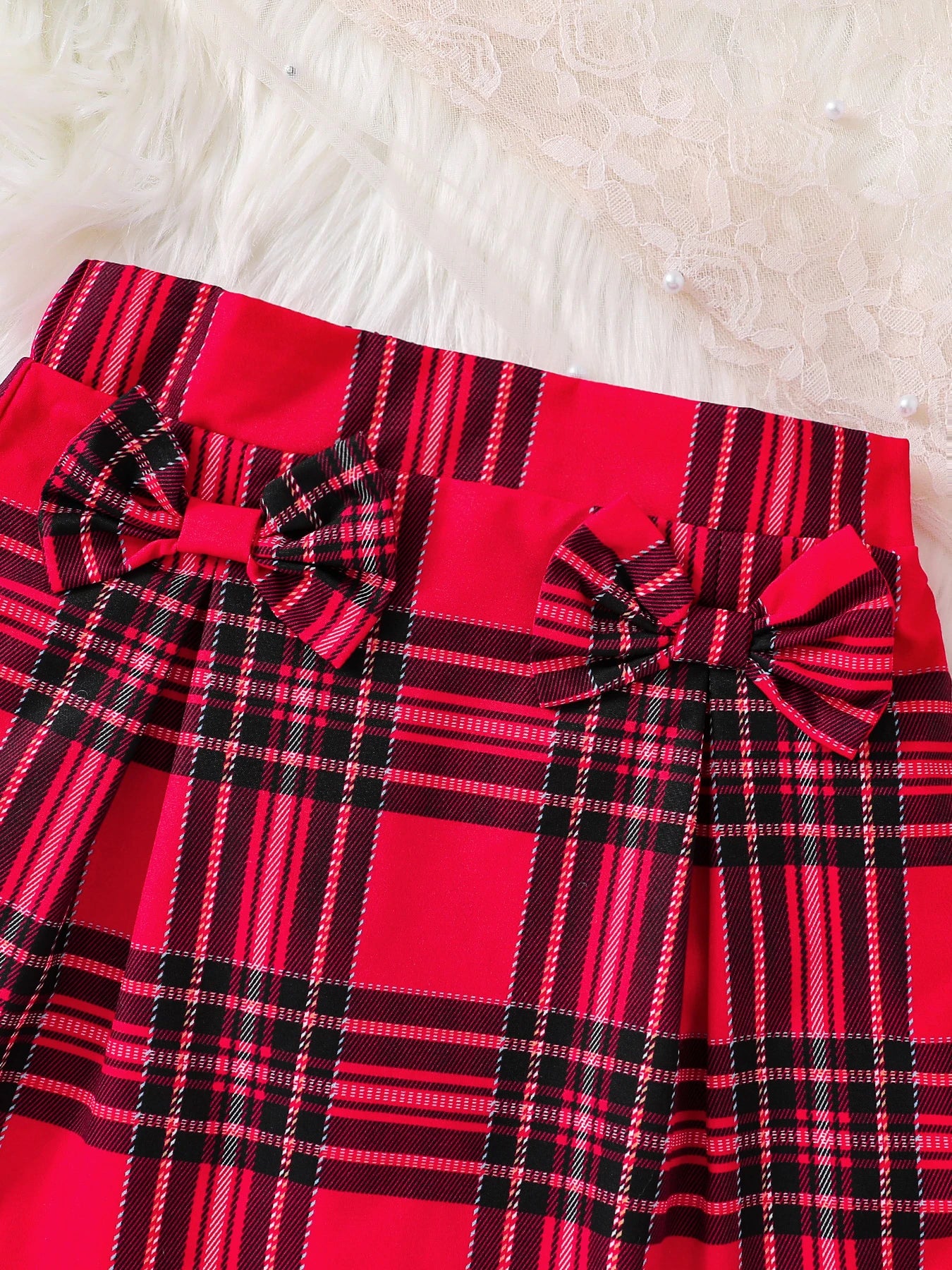 Children's Spring and Autumn New Girl Fashion Cute Three Piece Set Knitted Red Tank Top+Lace Collar Lining+Checkered Half Skirt