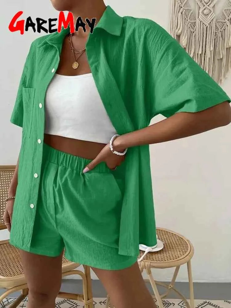 Women's Cotton Suit  Short Sleeve Casual Elegant Green Soild Two Piece Set Women Outfit Suit Shorts and Shirt for Women