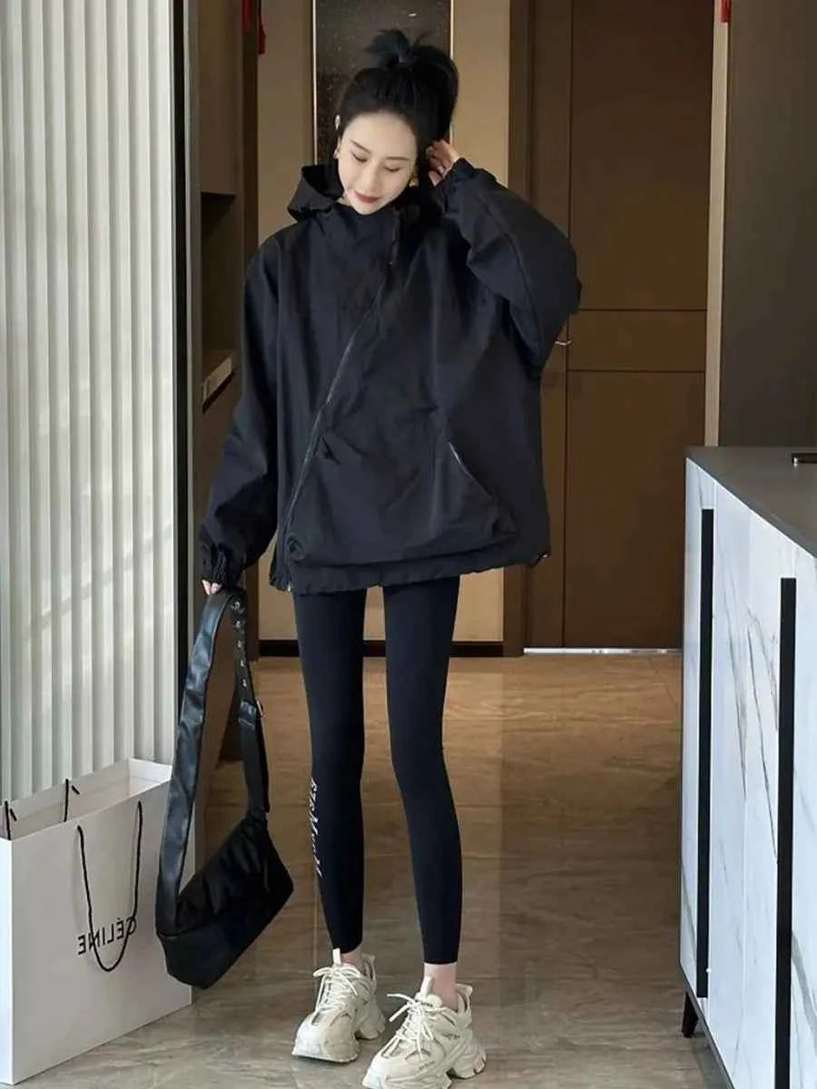 Women Hooded Jackets Diagonal Zipper Design Vintage Autumn Baggy Fashion BF Style Outdoor Chaqueta Mujer Leisure All-match Lady