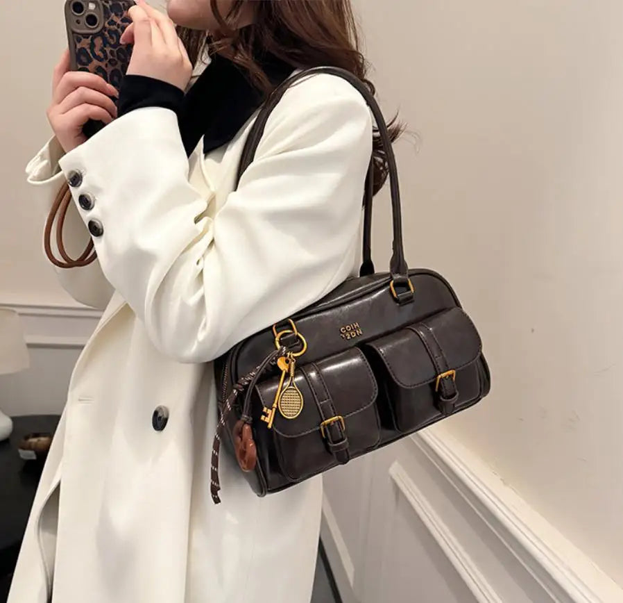 Women Multi Pocket Shoulder Tote Bag with Golden-Tone Hardware & Letter, Stylish Handbag Purse for Travel, Work, Shopping, Dates
