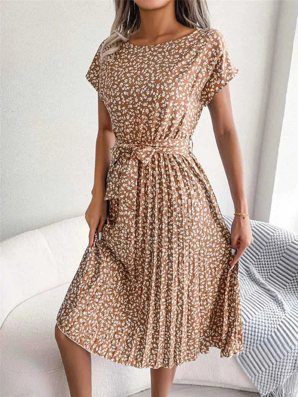 Ficusrong Fashion Floral Pleated A Line Long Dress Women Spring Summer Short Sleeve High Waist Chic Dress