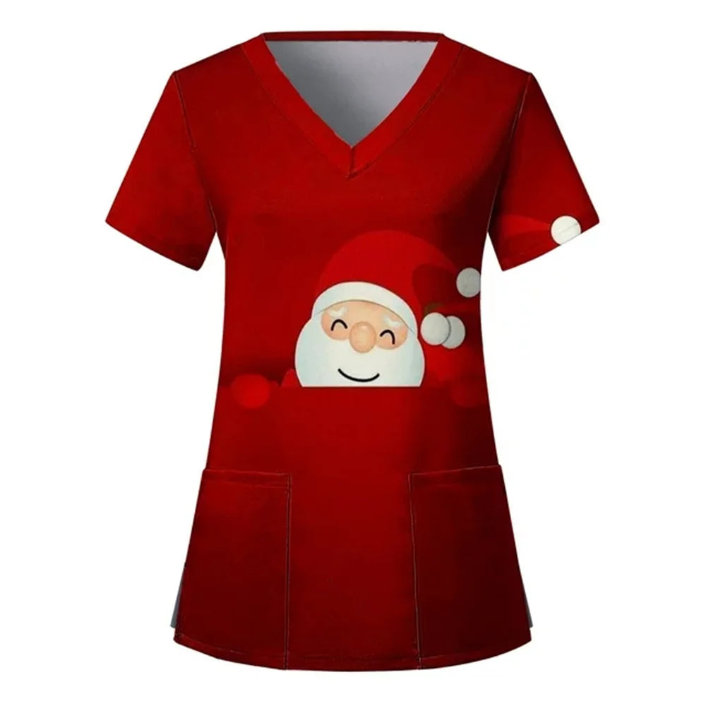Womens Christmas Nurse T Shirt Print Short Sleeve V Neck Workwear With Pocket Working Nurse Work Wear Overalls Medical Uniforms