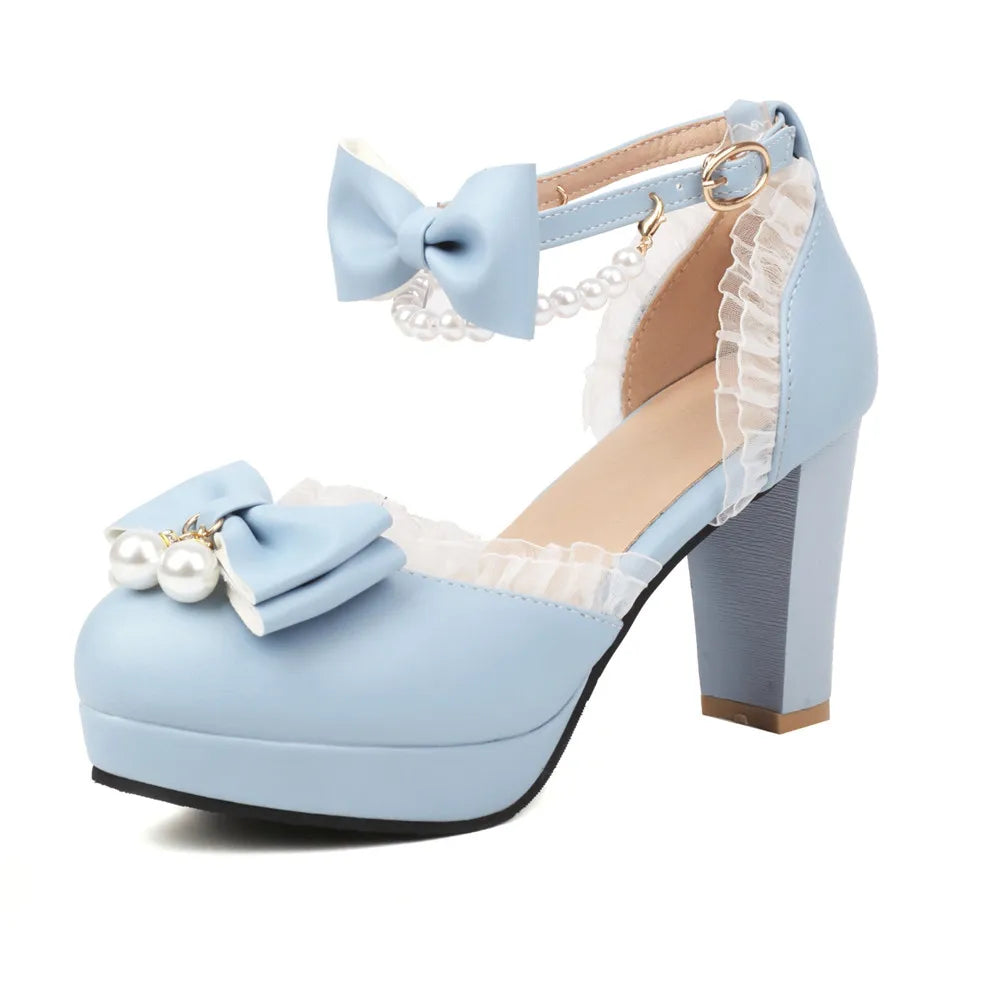 Spring Pearl Ankle Strap Women High Heels Mary Jane Pumps Party Wedding Cosplay White Pink Bow Princess High-heeled Lolita Shoes