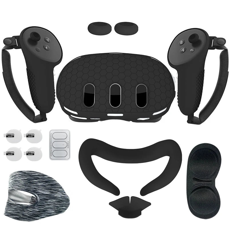 For Meta Quest 3 Silicone Protective Shell 7 IN 1 Set Controller Grip Cover Tempered Glass Film Face Case Lens Cap VR Accessory