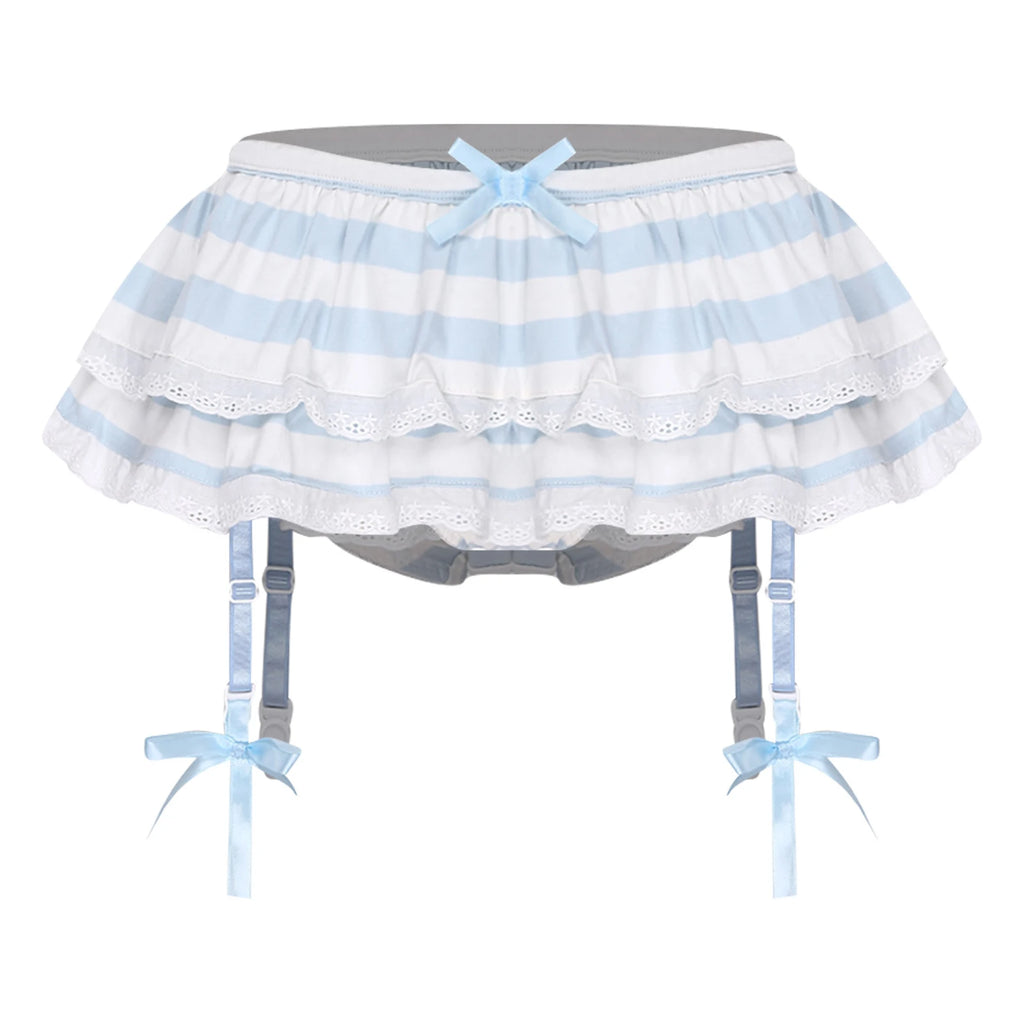 Women Anime-style Built-in Briefs Miniskirt with Garters Belt Culottes Cute Tiered Striped Hem with Lace Trim Bow Shorts Skirt