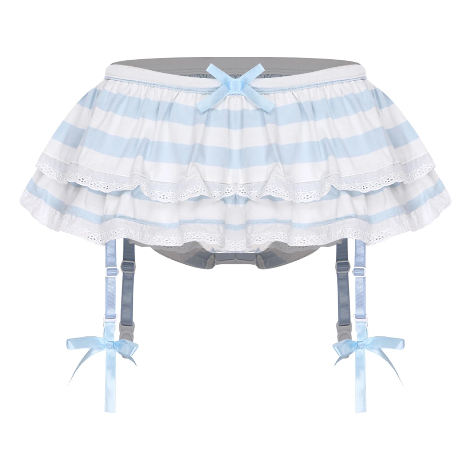 Women Anime-style Built-in Briefs Miniskirt with Garters Belt Culottes Cute Tiered Striped Hem with Lace Trim Bow Shorts Skirt