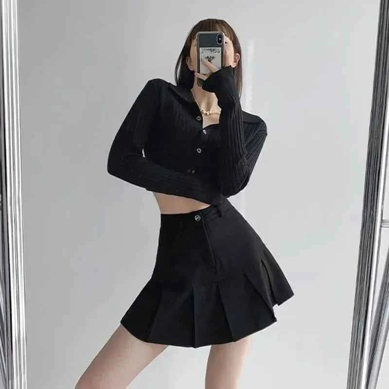Y2K Vintage High Waist Pleated Skirt Women College Style Uniforms Safety Pants Mini Skirts Woman Korean Street Slim A-Line Skirt