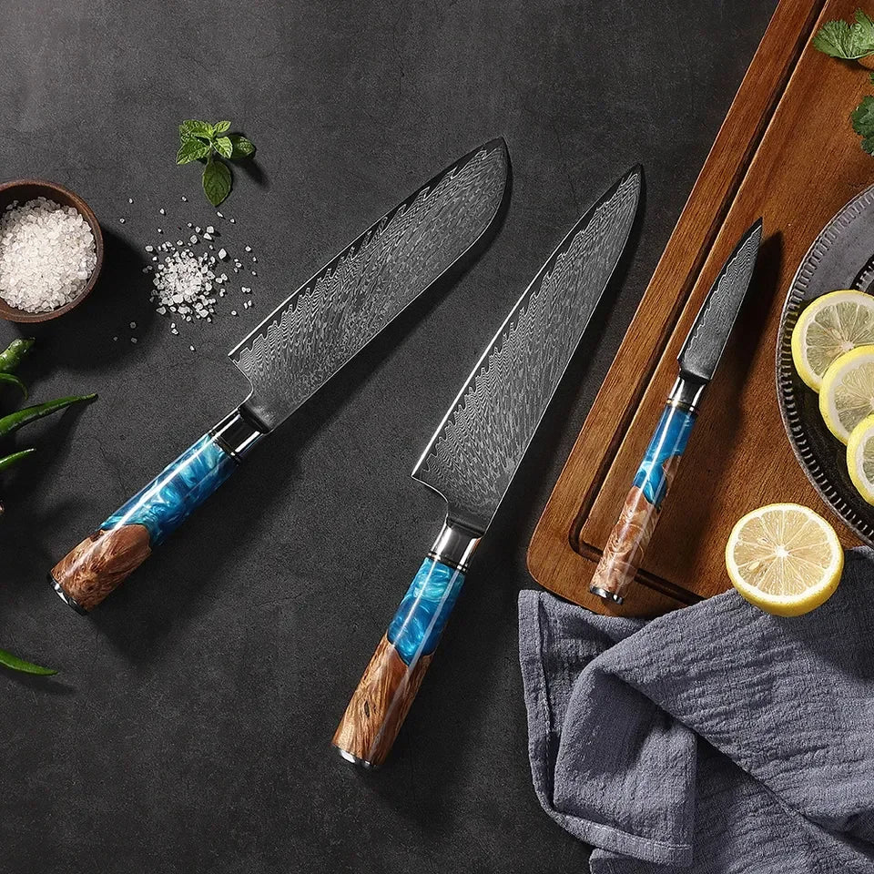 1-8pcs Professional kitchen knife set Damascus Steel Set for Meat Cutting Sushi Peeling and Boning Blue Resin Wood Handle