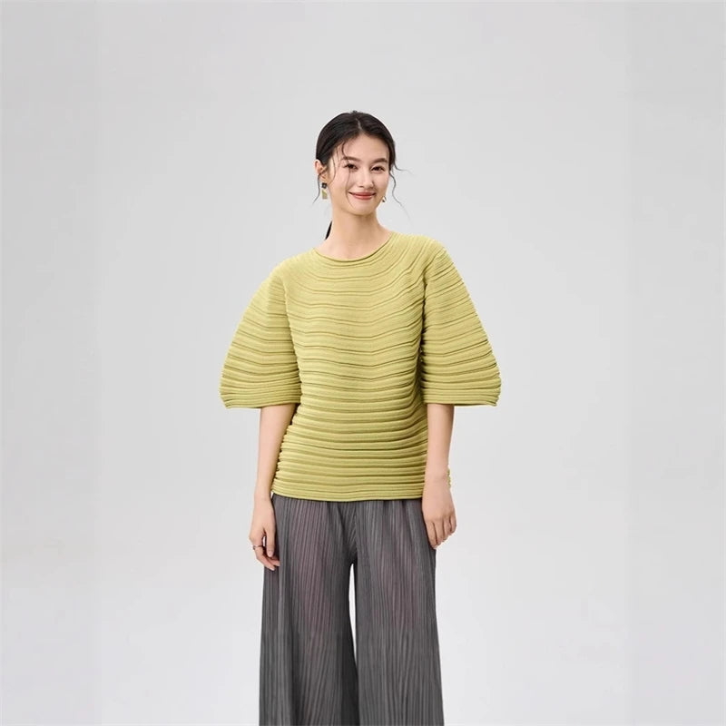 LANMREM Casual Pleated Texture Round Neck Half Sleeve Thick Wome's T-shirt Chic New Knitwear Fashion Pullover Top Chic 2DB5036