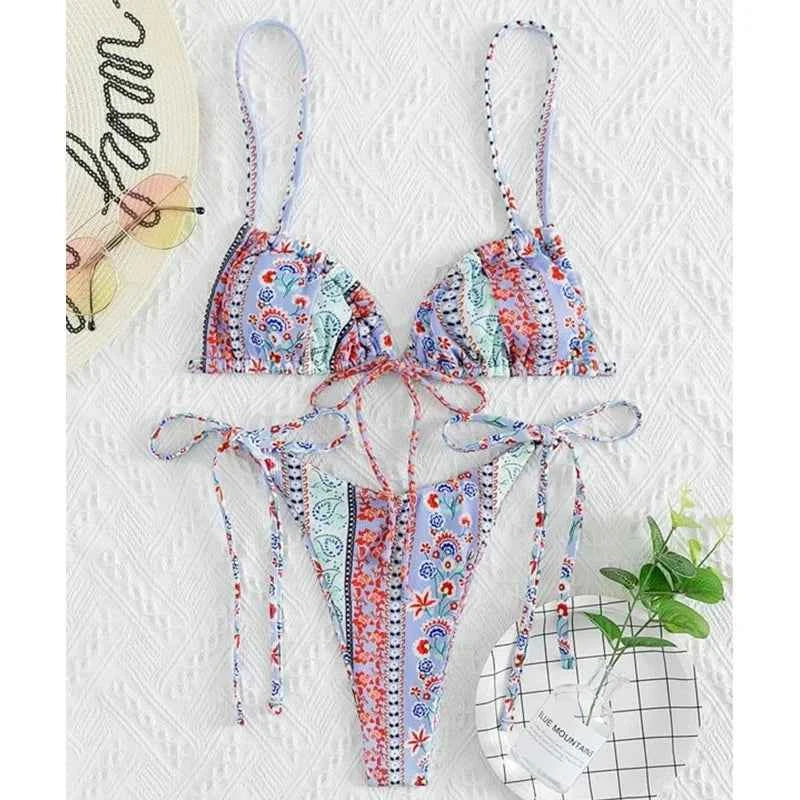 BIQIUYYI New Floral Print String Bandage Bikinis Triangle Cup Push Up Swimsuit Women Bathing Suit Beachwear Halter Swimwear XS