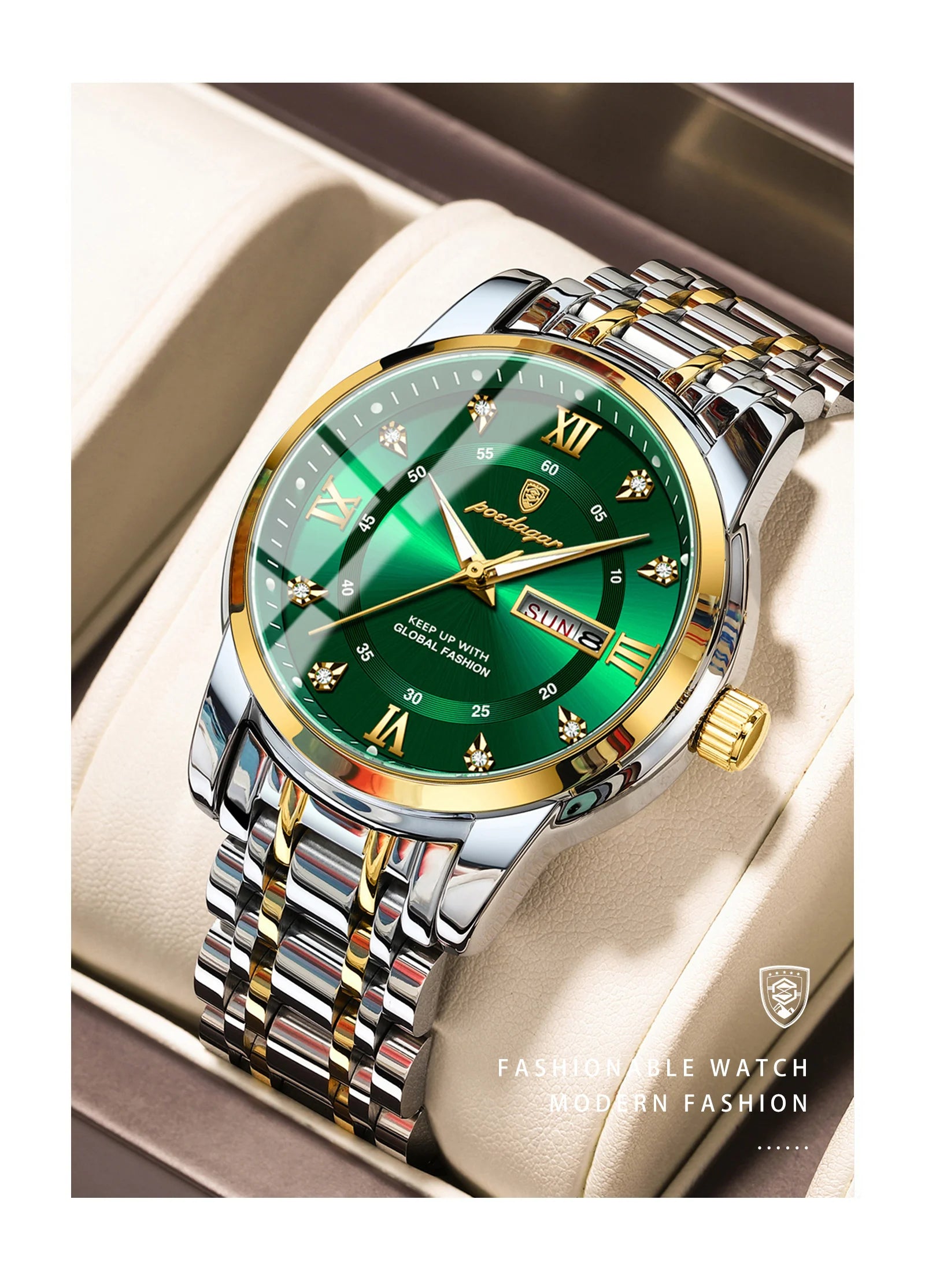 POEDAGAR Original Classic Man Watch Waterproof Luminous Date Week Watches for Men Quartz Stainless Steel Luxury Men's Wristwatch