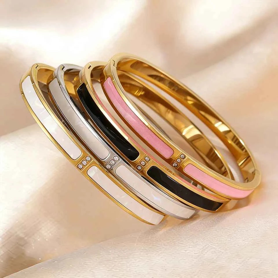 Yupsk New Pink Black Enamel Stainless Steel Bracelet for Women No Fade Color Bangle Trendy Jewelry Accessories Gift