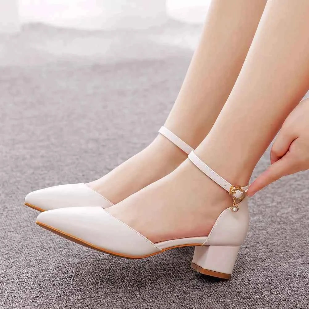 Crystal Queen Women 7CM Thick High Heels Sexy Pumps White Wedding Bride Shoes Pointed Toe Buckle Strap Sandals