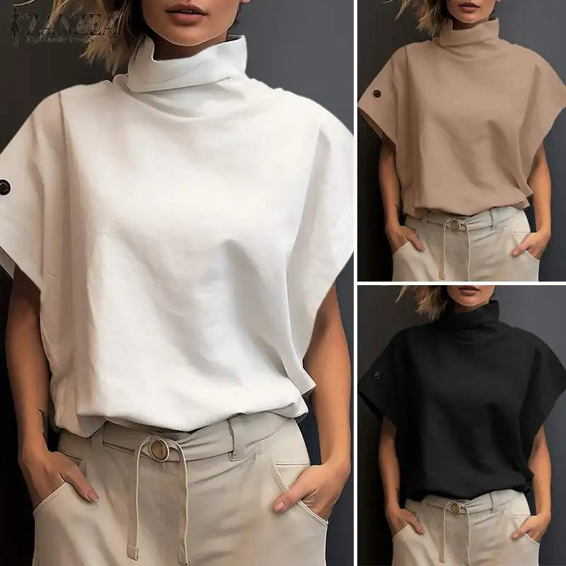 Women Fashion OL Work Shirt 2024 ZANZEA Summer Elegant Turtleneck Short Sleeve Blouse Casual Loose Office Tops Party Blusas