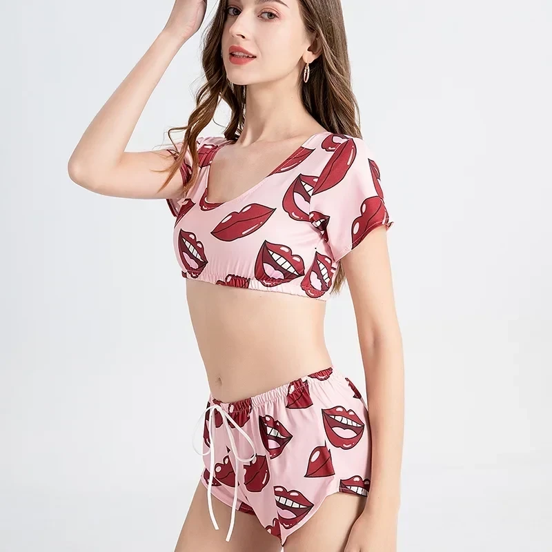 Summer Short Sexy Casual Lips Print Female Sleepwear Suit Pajamas 2pcs Top+Pants Skinng Women Homewear Underwear