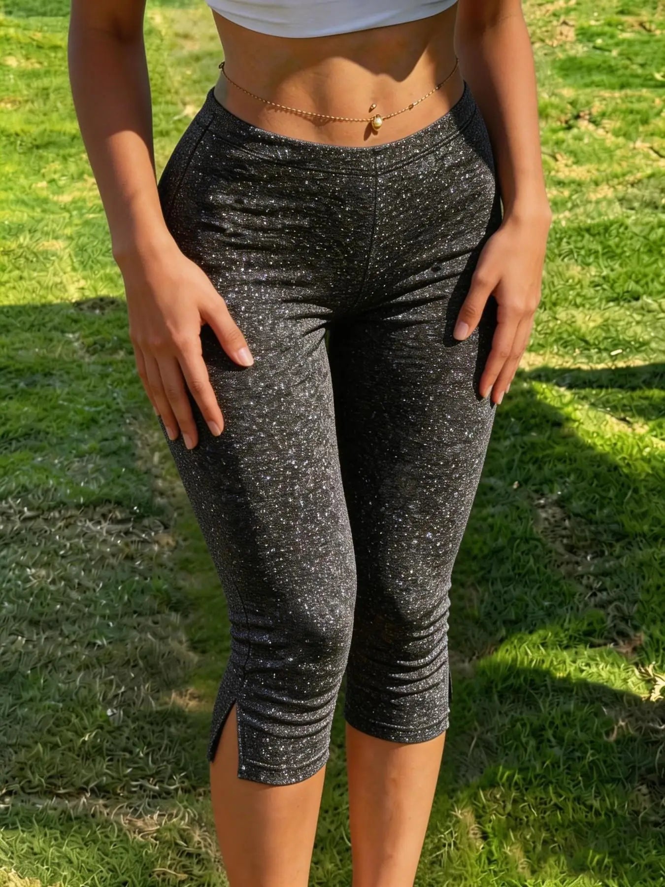 Women's Y2K Street Style Black Slim Fit Capri Pants, Side Slit Design Sweatpants, Suitable for Fitness