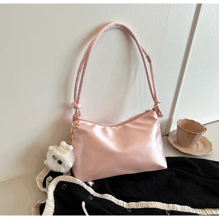 High Quality Solid Color Fashion Elegant Shoulder Bag Smooth Cloth Satin Underarm Bag Leisure Shoulder Bag Lady Handbags Purse
