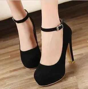 Large Size 42 Sexy Super High Heels Shoes for Women Ankle Buckle Chunky Platform Pumps Woman Black Flock Square Heel Party Shoes