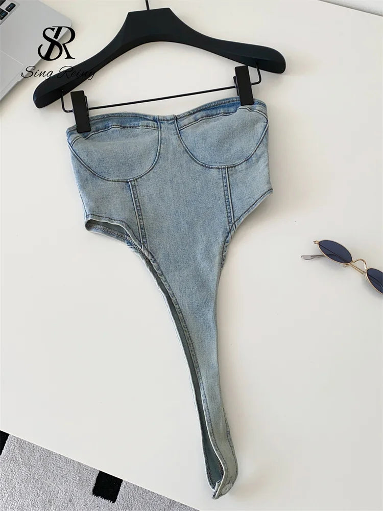 SINGREINY Hot Girl American Retro Sexy Top Female 2026 Minimalist Sleeveless Edgy Beach Bodysuit Strapless 1950s Denim Tank Top
