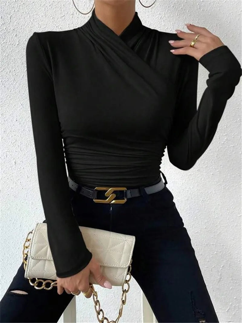 Women's Clothing Autumn Winter Tshirts New Design Cross Neckline Versatile Pleated T-shirt Comfortable Fashion Slim Fit Sexy Top