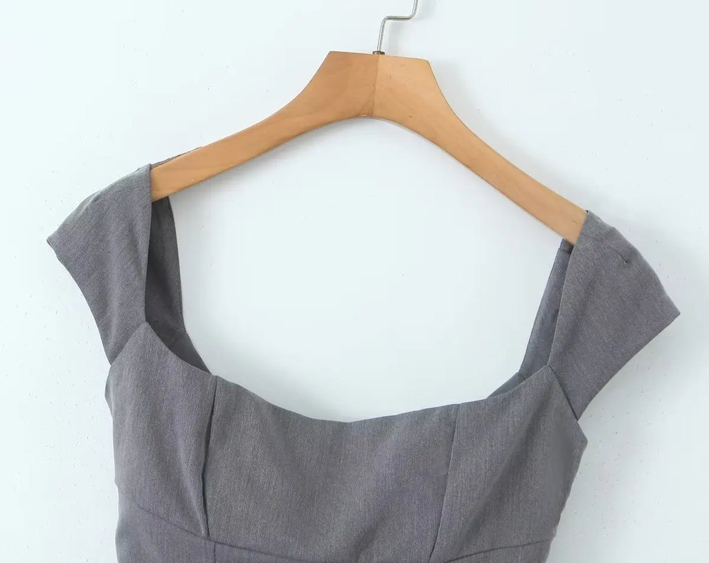 YENKYE Y2K Women Lace Up Bandage Back Gray Crop Top Short Sleeve Square Neck Ladies Sexy Chic Tops