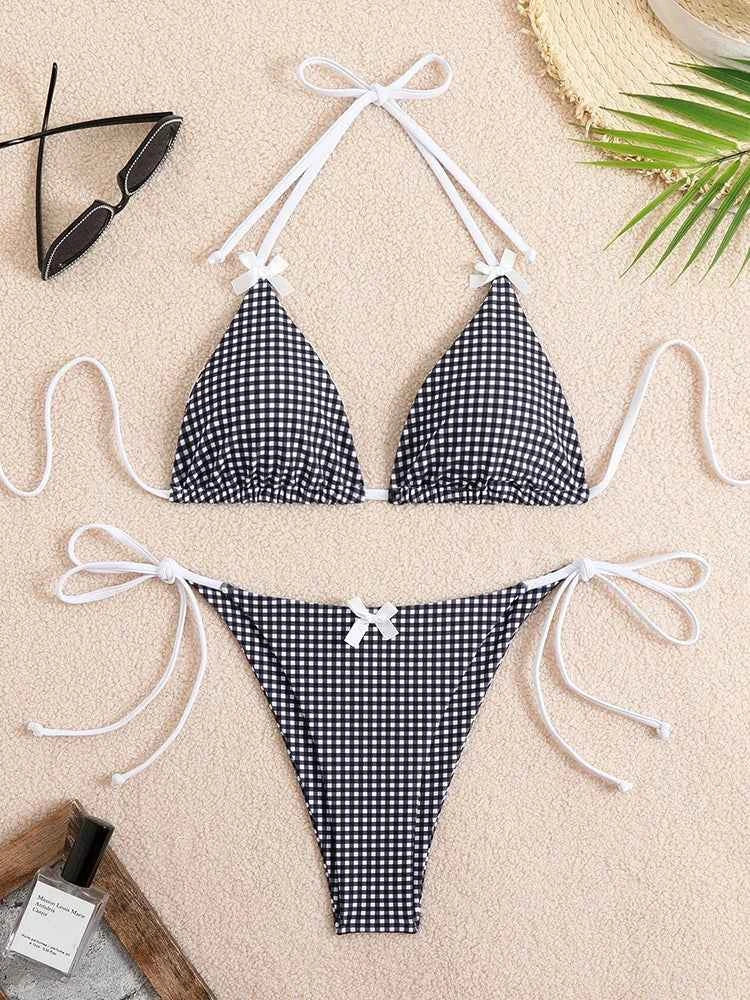 Circyy 2026 Bathing Suit Women Plaid Dot Split Swimsuit Neck-mounted Bow Tie Beachwear Vintage Simple Two-piece Bikinis Summer