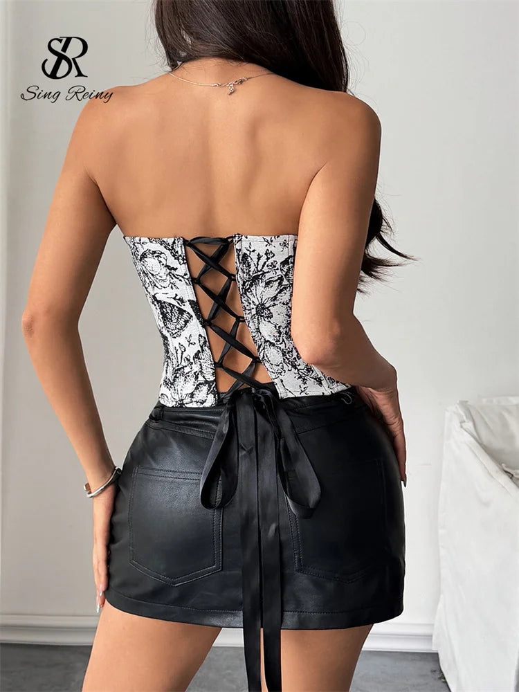 SINGREINY French Retro Lingerie Tops Women Strapless Print Corset Shapewear Lace Up Sexy Top 2025 Backless Sensual Slim Camisole