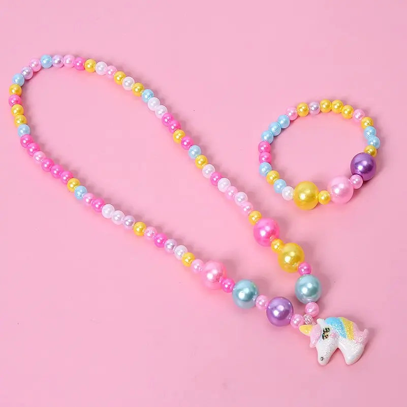 2pcs Colorful Cartoon Unicorn Flower Animal Child Sweater Necklace Bracelet Girl's Gifts Children's Jewelry Kids Toys