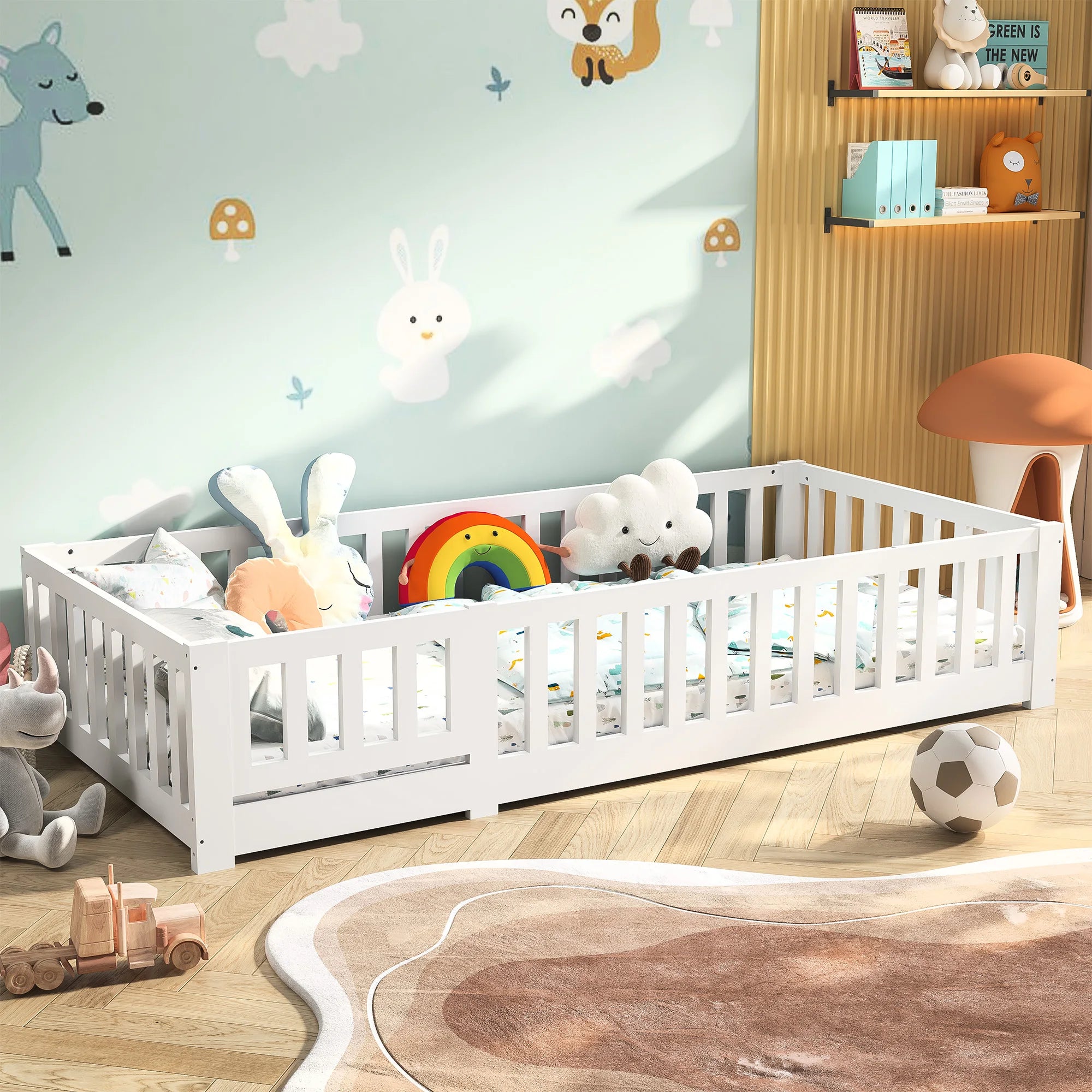 RosahqndaKids Children's Bed Solid Montessori Wooden Floor Bed with Fall Protection - Safe Toddler Bed - Scandinavian Design