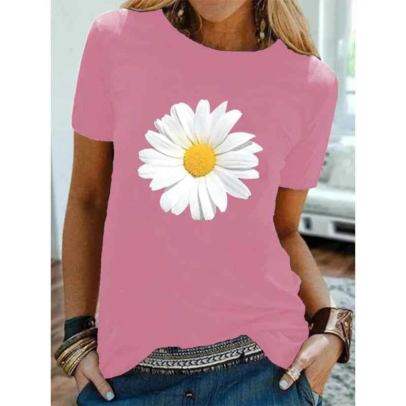 Cotton  100% Women's Round-neck Daisy Print Short-sleeved T-shirt for Women Harajuku  Aesthetic Clothes  Graphic T Shirts  Tops