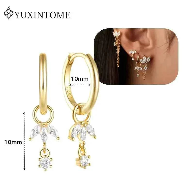 Women's 925 Sterling Silver Ear Needle Crystal Zircon Water Droplets Stud Hoop Gold Huggie Earrings Premium Luxury Party Jewelry