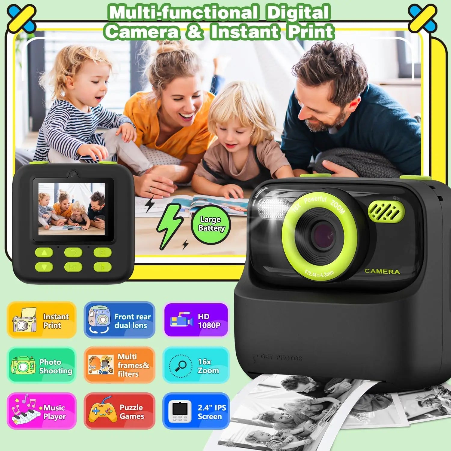 Kids Instant Print Camera, Birthday Gifts for Boys and Girls, Kids Digital Camera Toys, 1080P HD Video, Boy Gifts/Girl Gifts