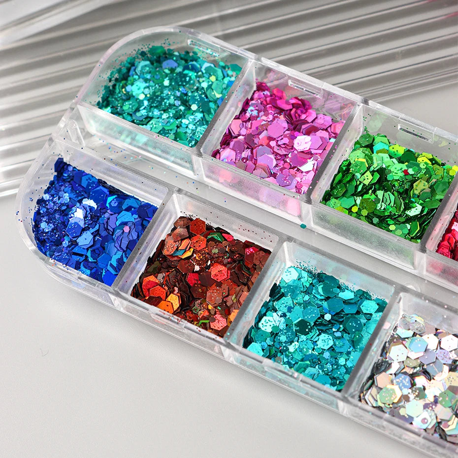 12 Colors Sparkly Holographic Nail Art Glitter Sequins Laser 3D Hexagon Flakes Nail Powder Makeup Nail Art Decorations Manicure