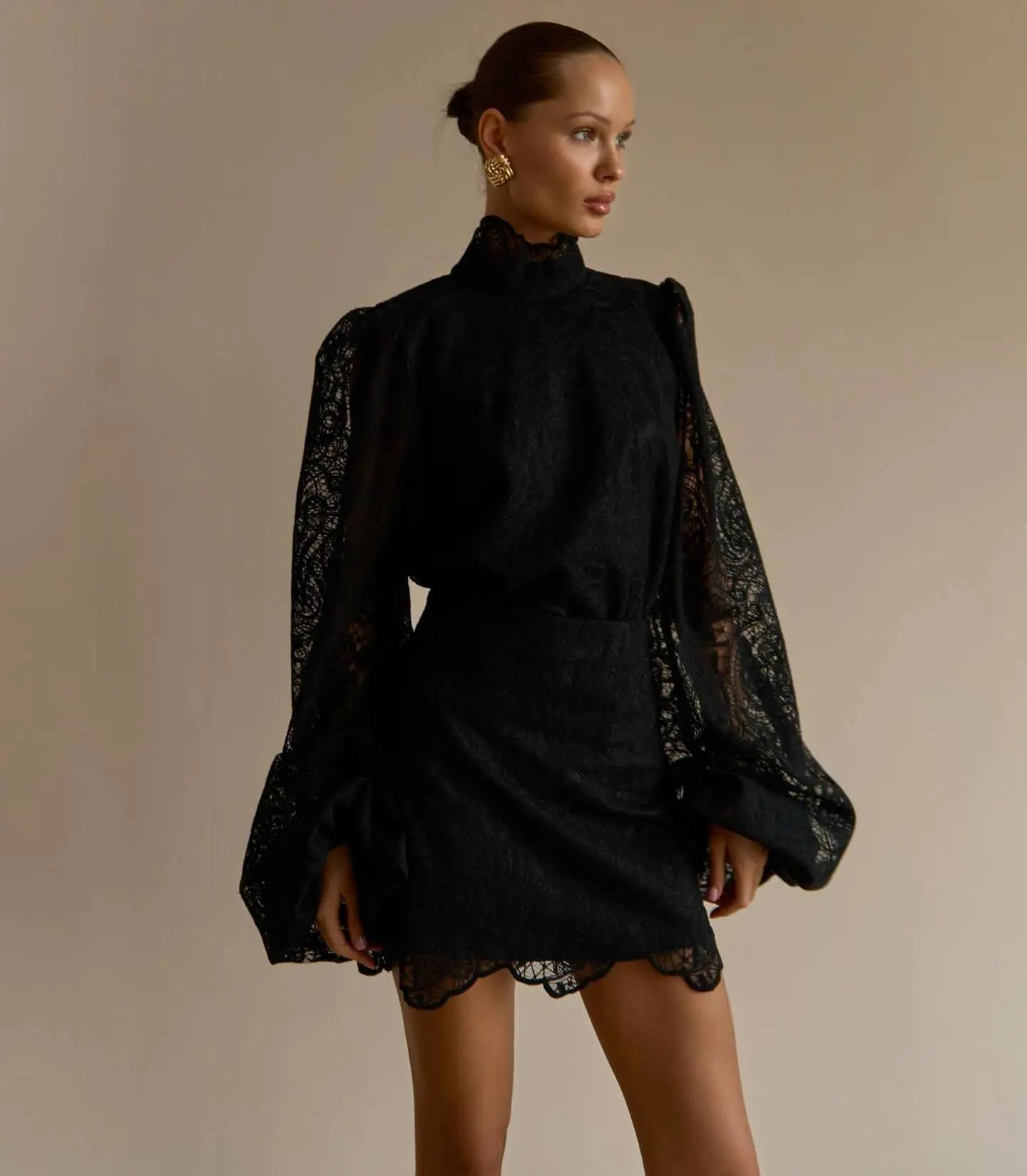 White Lace Dresses Elegant Solid Flared Sleeve High Neck Slim Pleat Mini Women Dress 2026 New Fashion Club Evening  Party Robes