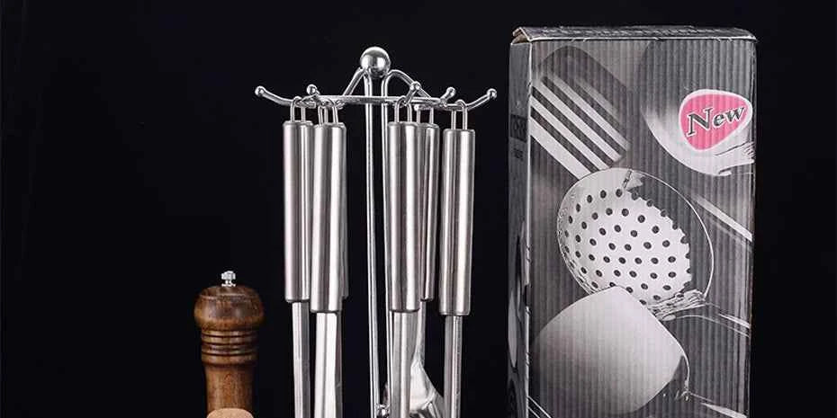 6 Pieces Kictche Cooking Utensil Set Stainless Steel Cookware Set with Organizer Holder Stand Kitchen Cooking Tools
