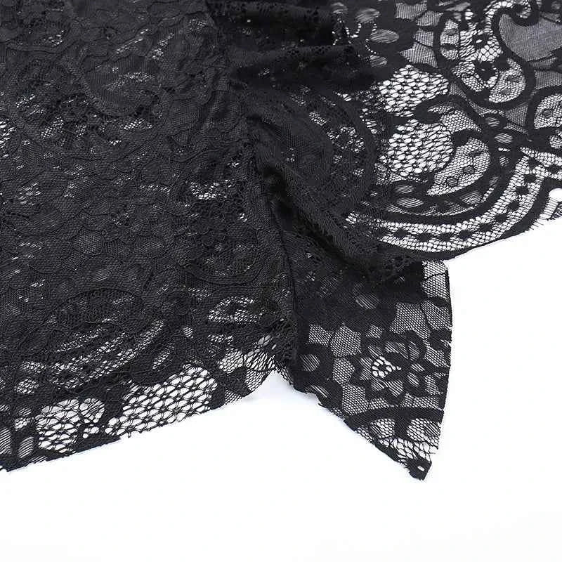 Gothic Classic Lace Cover Ups Women Mesh Crop Top See Through Sexy Flare Sleeve Blouse Y2k Black Rave Outfit Festival