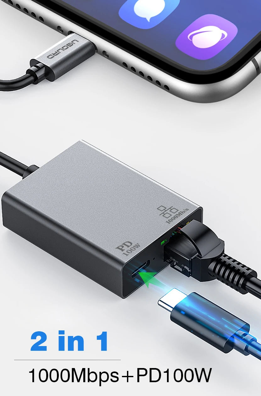 UGOURD 100Mbps 1000Mbps USB C Ethernet Adapter with Charge 100W USB3.0 2.5 Gigabit Network Card USB to RJ45 Lan Cable Converter