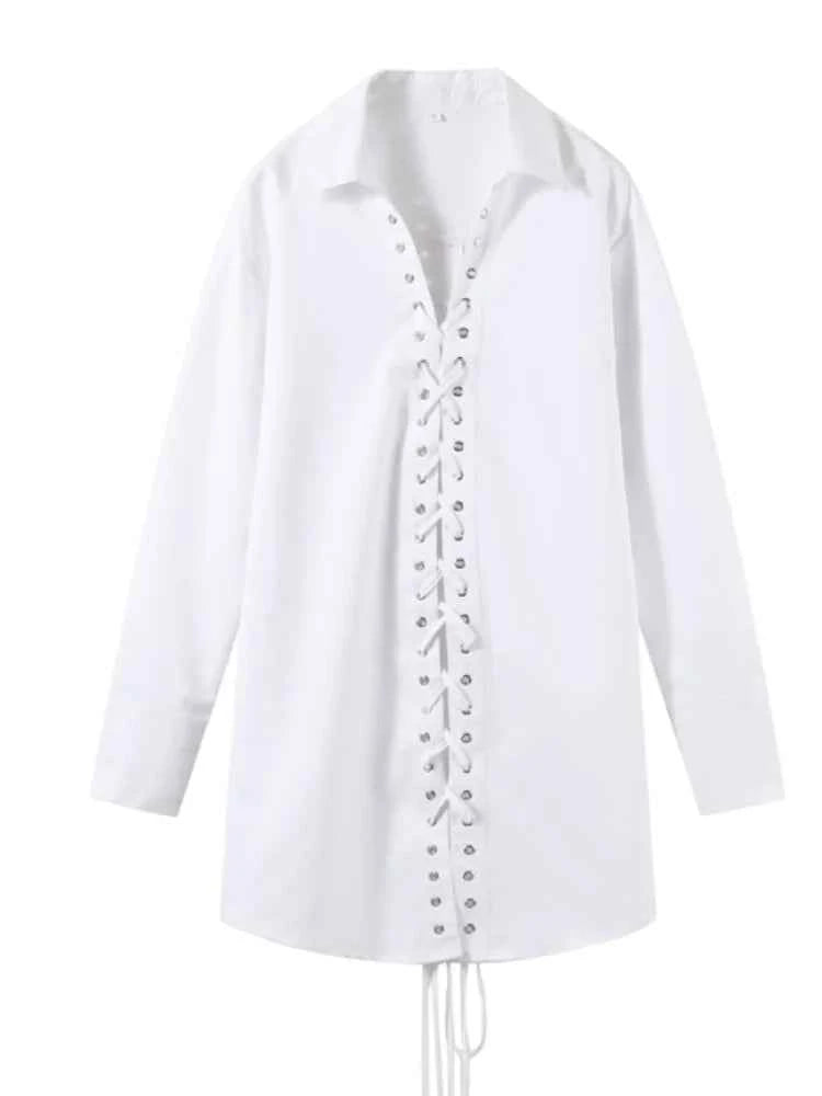 Fashion Lapel Long Sleeve Shirts & Blouses For Women Autumn Weave Drawstring Blouse Lady Holiday Street Chic Tops Ropa De Mujer