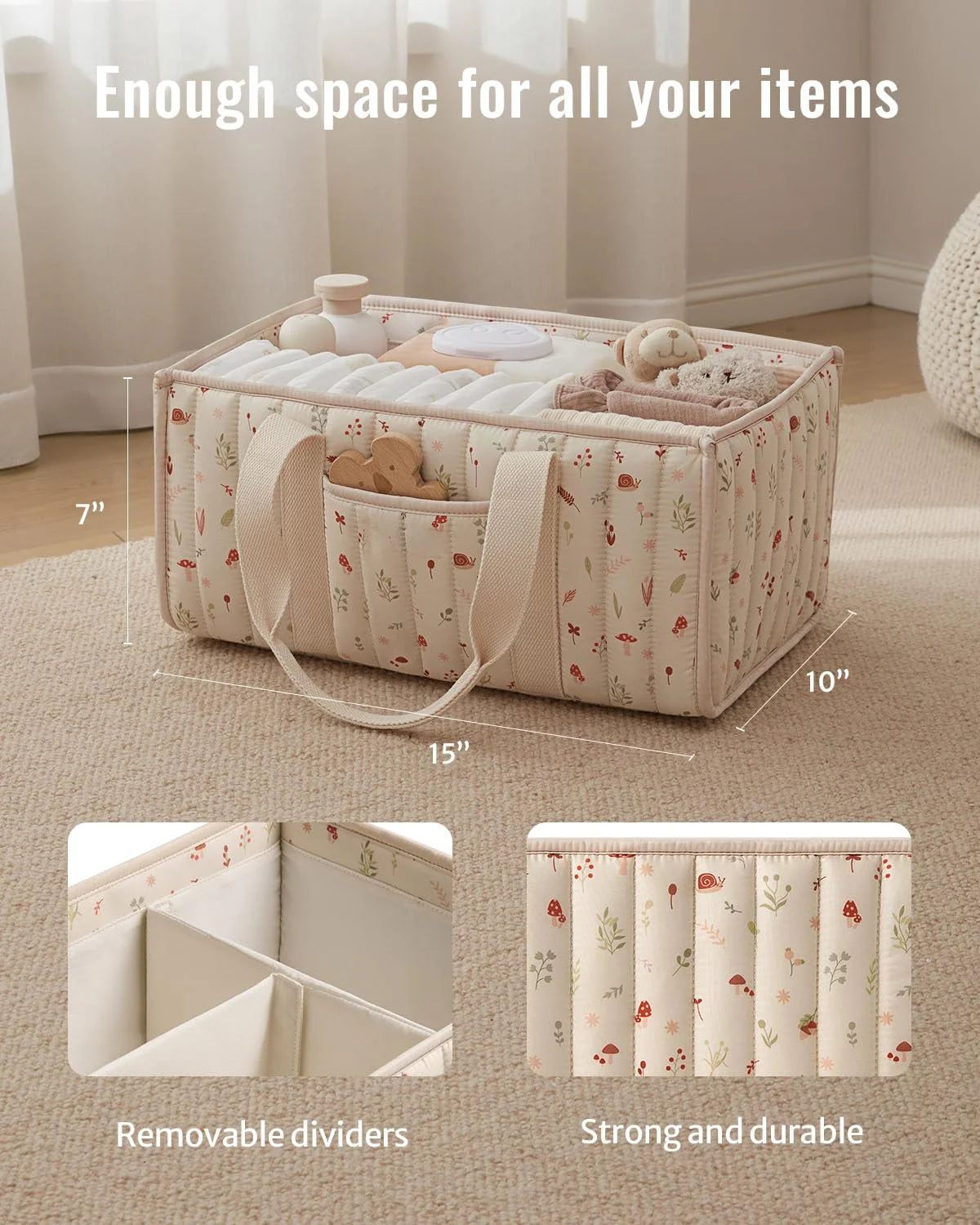 Diaper Caddy Organizer, Stylish Nursery Storage Basket, Gift for Baby Shower, Newborn Essentials, Floral Beige
